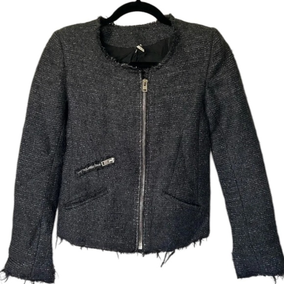 IRO Julienne zip jacket metallic tweed boucle dark gray black wool blend Size 0 - Picture 3 of 9